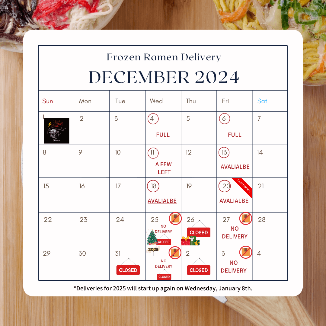 Calendar for frozen ramen delivery schedule in December 2024, highlighting available and fully booked dates.