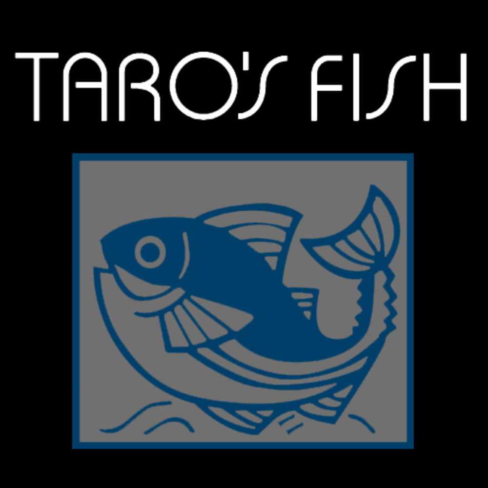 Taro's Fish logo with blue fish graphic on a grey background