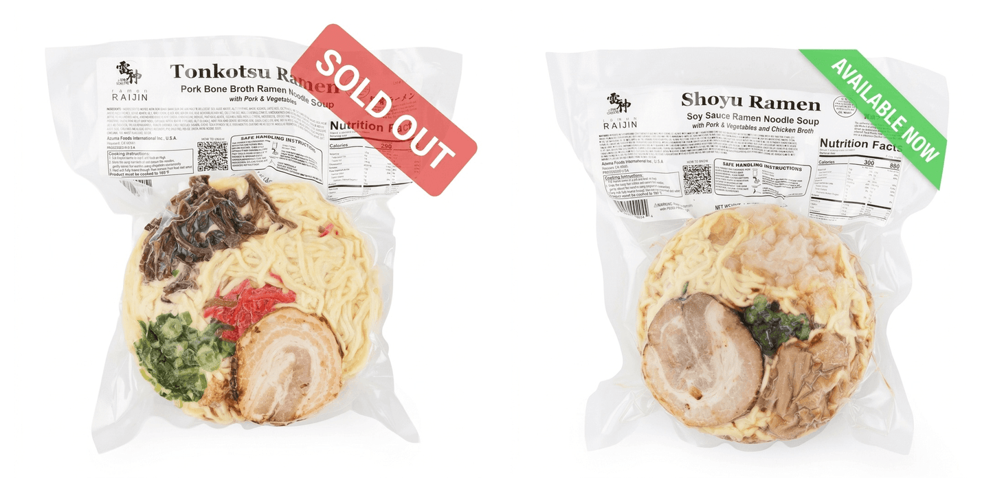 Image of RAMEN RAIJIN frozen ramen packages, featuring Tonkotsu sold out and Shoyu available now, showing where to buy frozen ramen.