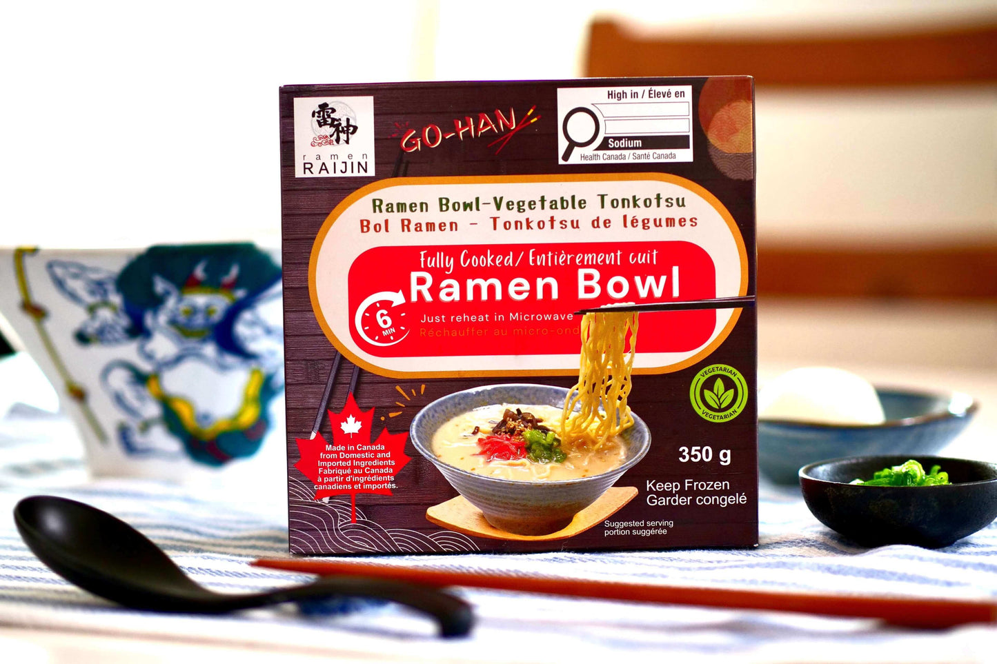 Ramen RAIJIN available in Metro Vancouver with a fully cooked ramen bowl and chopsticks, perfect for a quick meal.
