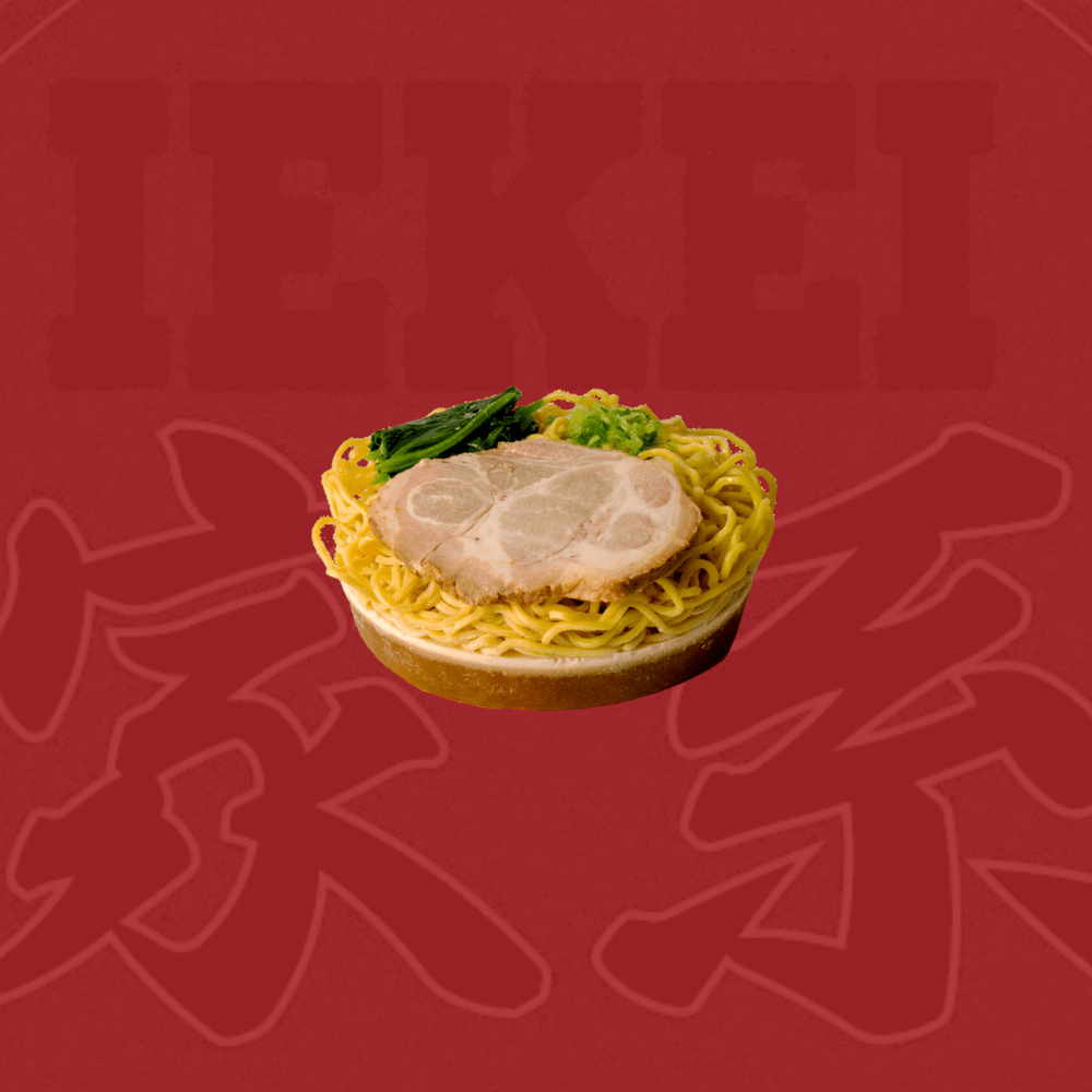 IEKEI-style frozen ramen bowl with noodles and pork topping on red background