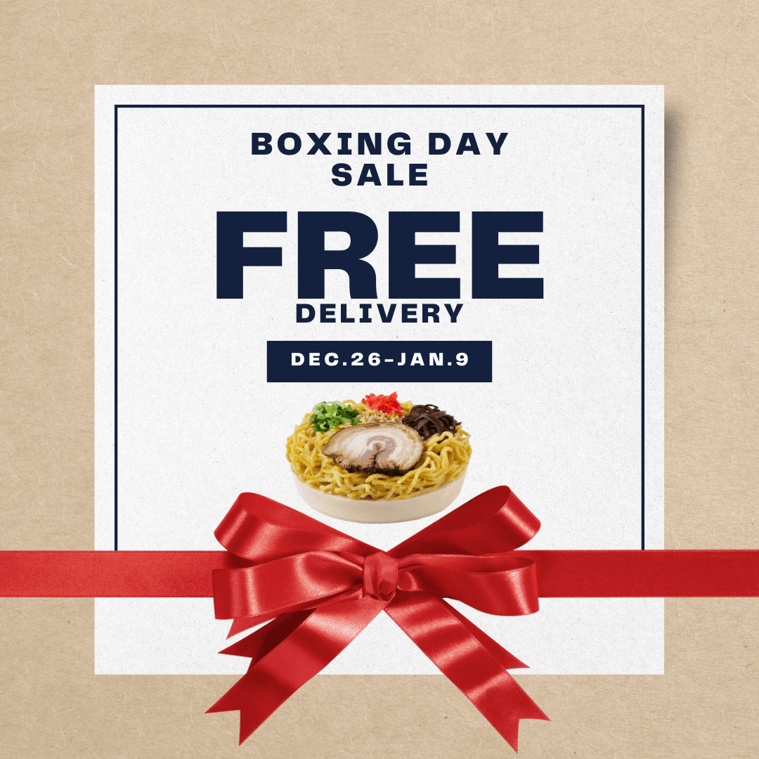 Boxing Day sale announcement for frozen ramen with free delivery from Dec 26 to Jan 9, featuring a bowl of ramen.