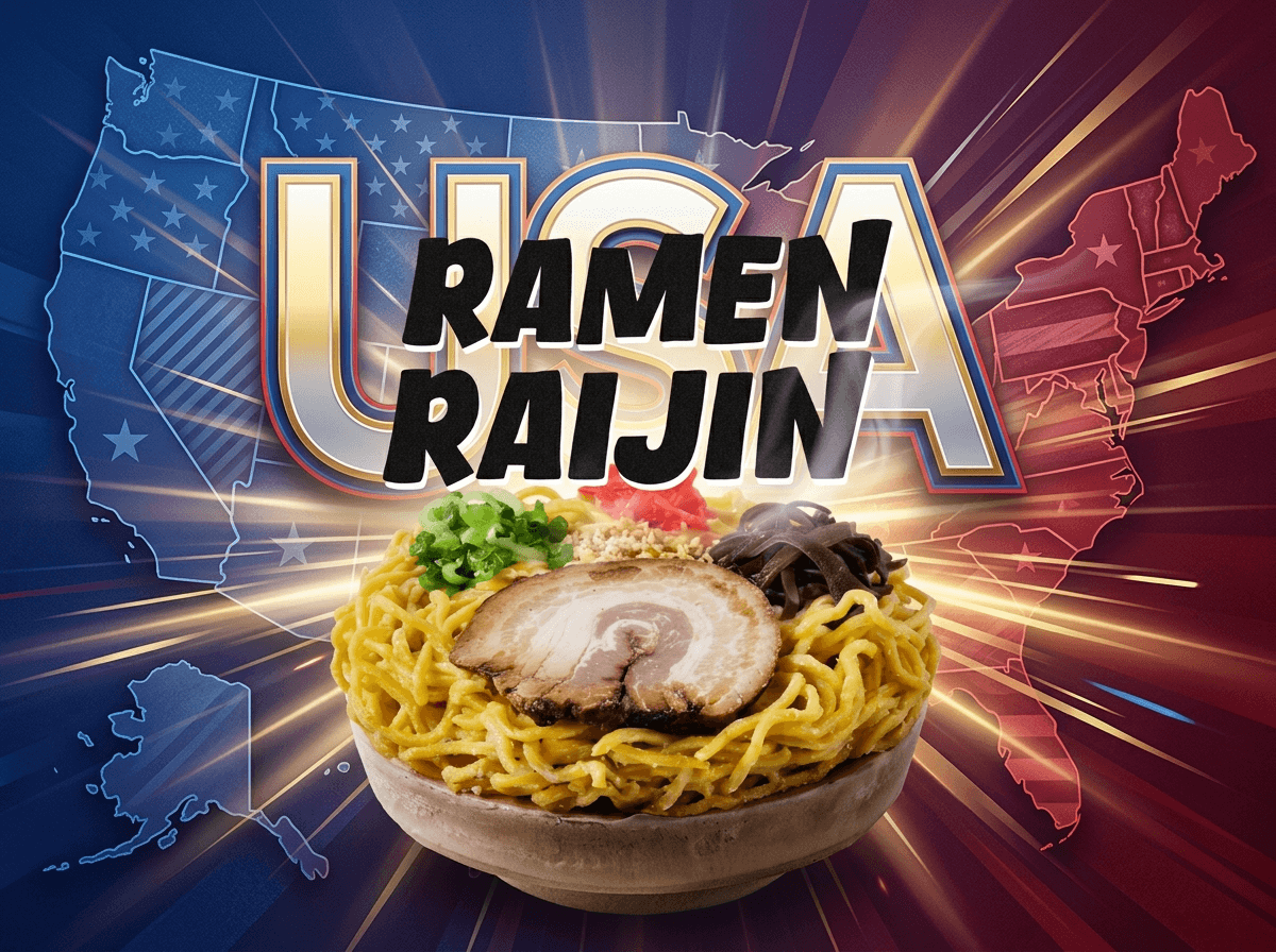 Delicious bowl of ramen with Ramen Raijin logo and USA backdrop, featuring frozen ramen USA.