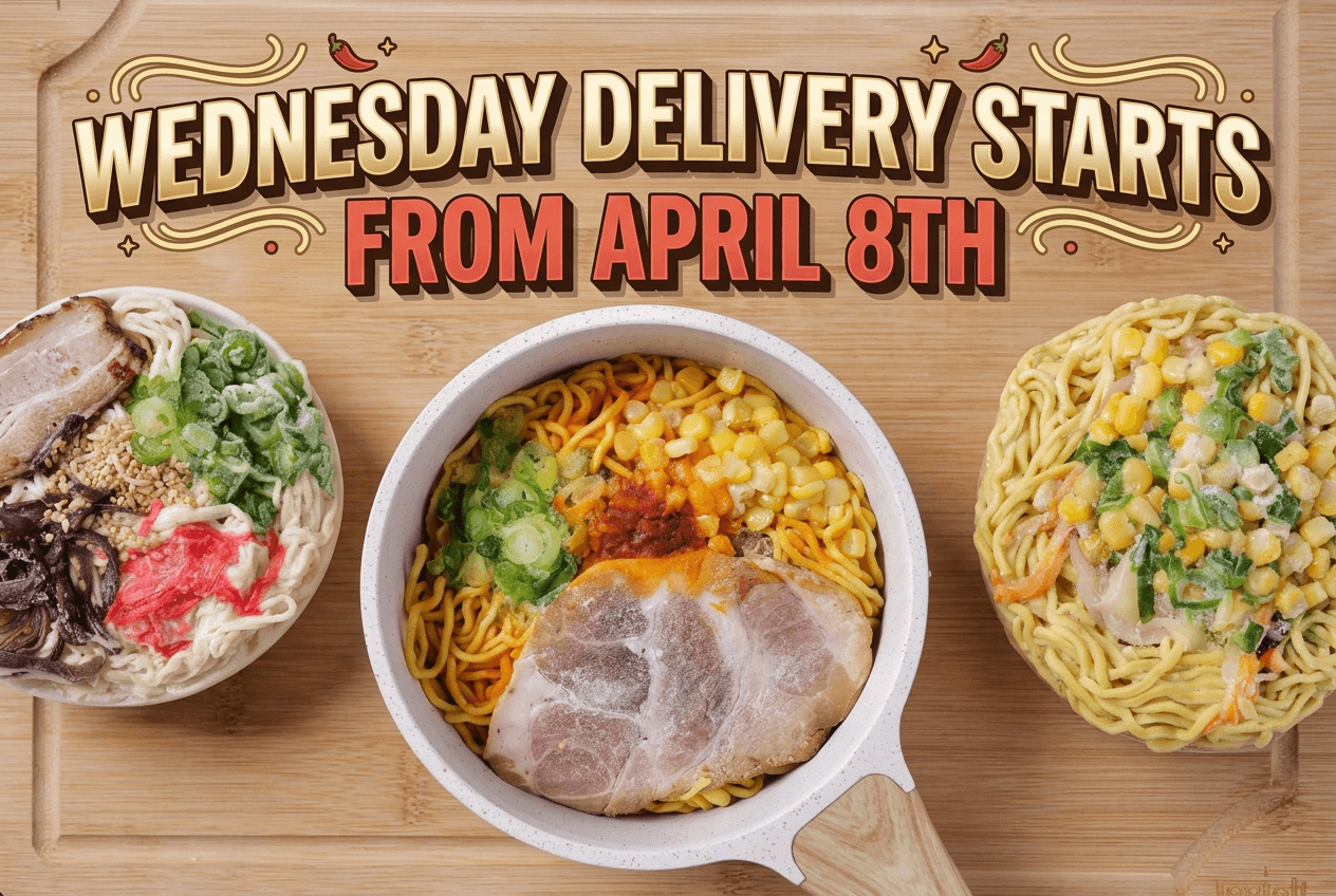 Delicious bowls of ramen showcasing Wednesday pizza delivery starting from April 8th with vibrant toppings.