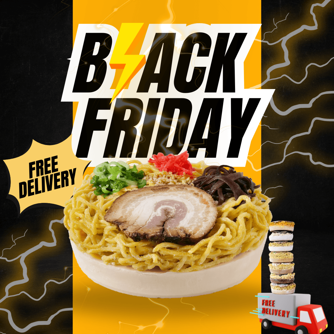 Black Friday frozen ramen sale with free delivery featuring delicious ramen and toppings