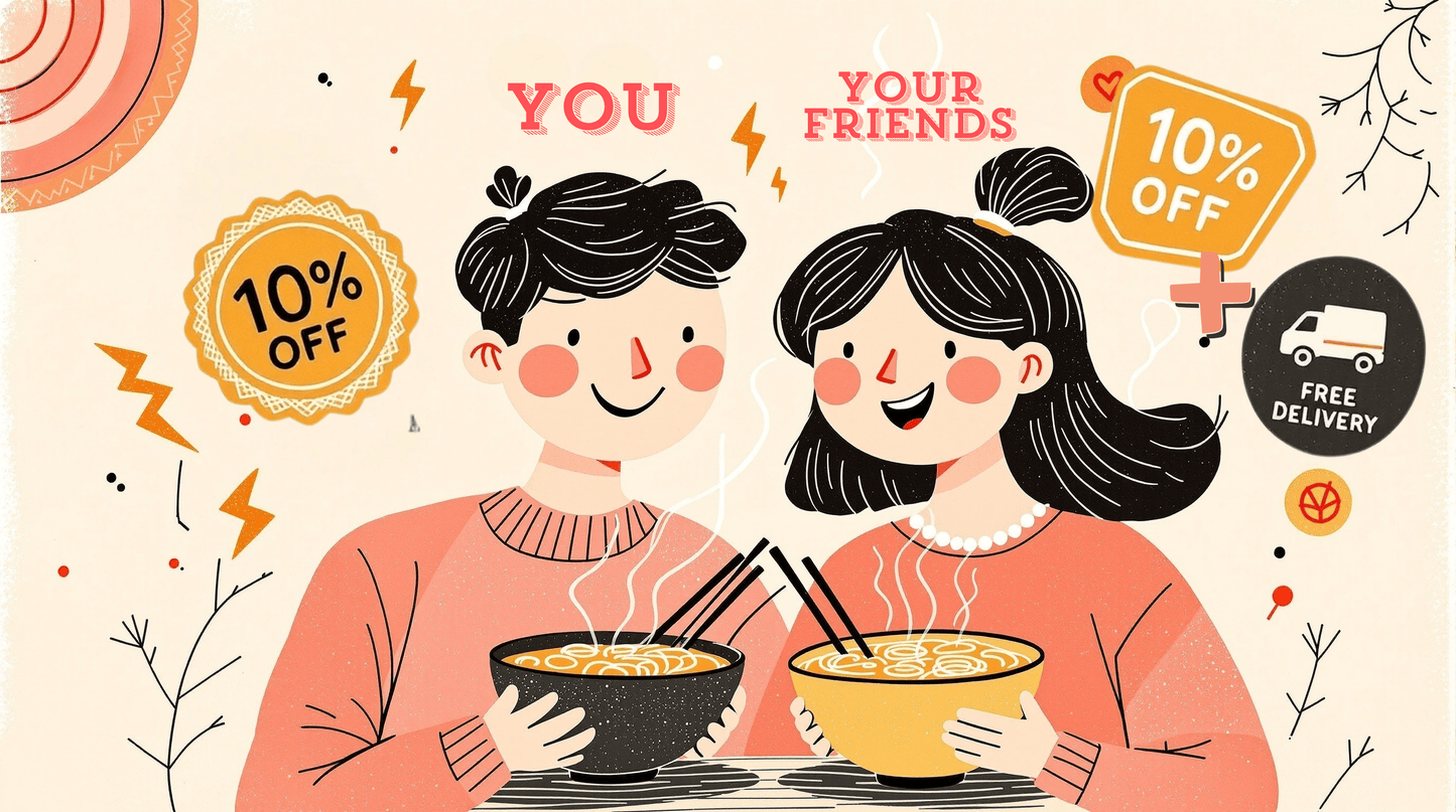 A cheerful illustration of two friends enjoying bowls of ramen with text about RAIJIN frozen ramen discount and promotions.