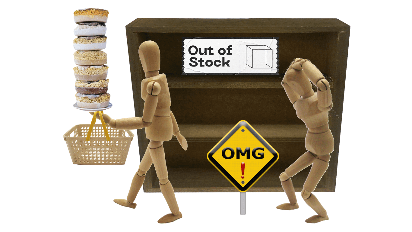 Wooden figures notice 'Out of Stock' sign next to a shelf, highlighting demand for frozen ramen.