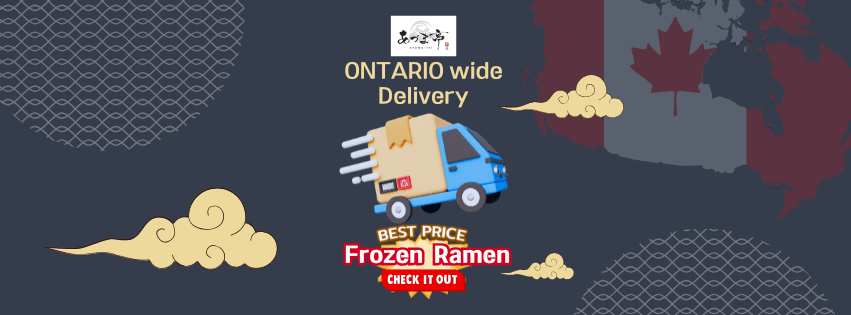 Frozen ramen delivery outside GTA with a cartoon delivery truck and Ontario map.