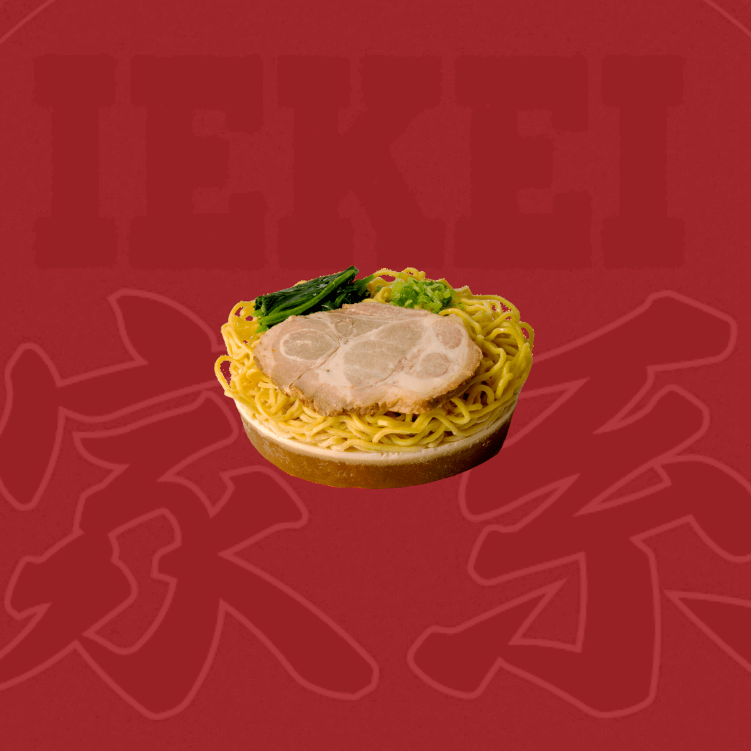 IEKEI-style frozen ramen bowl featuring noodles and pork slice on a red background.