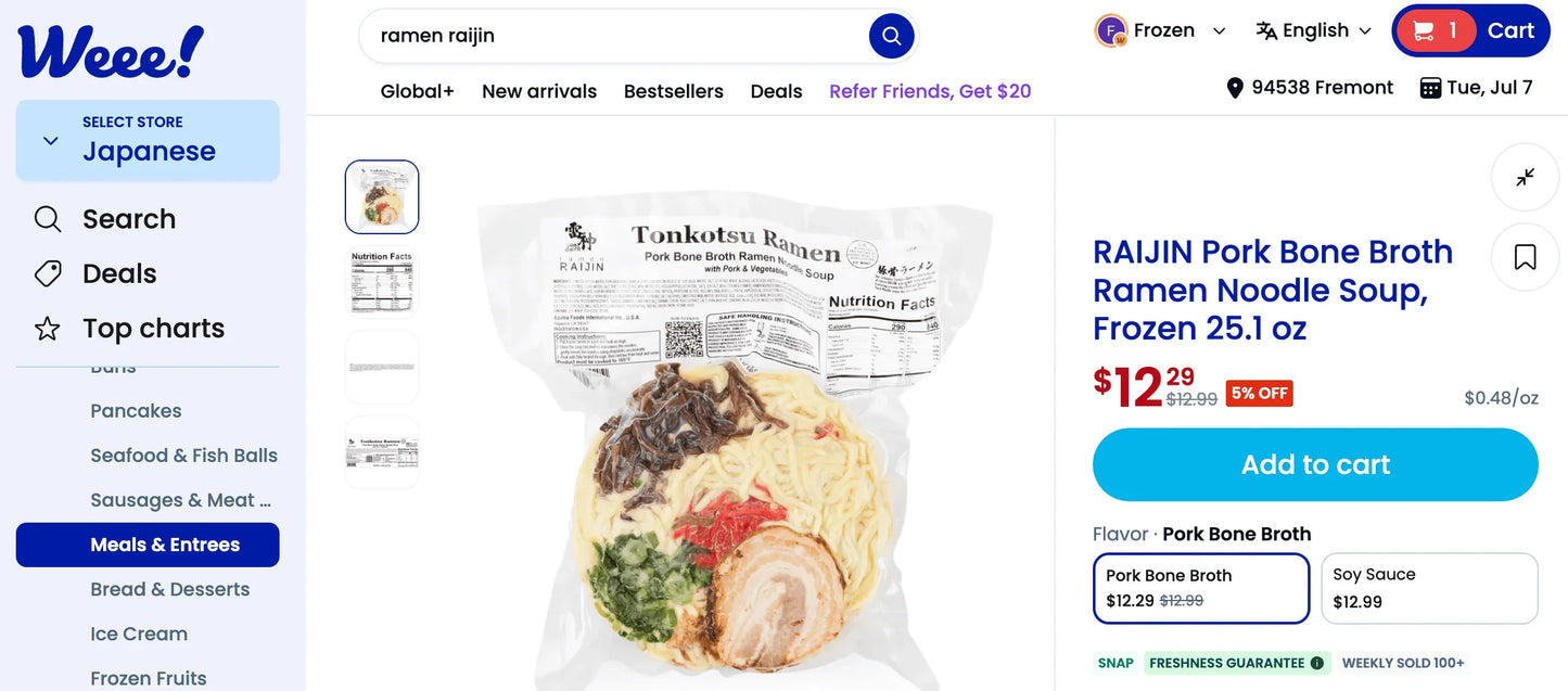 🍜 Selling out fast in California — here's the update. RAIJIN Tonkotsu pork bone broth ramen noodle soup frozen package.