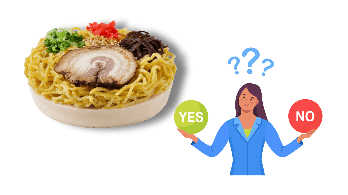 A delicious bowl of ramen with toppings next to a woman pondering frozen ramen taste question.