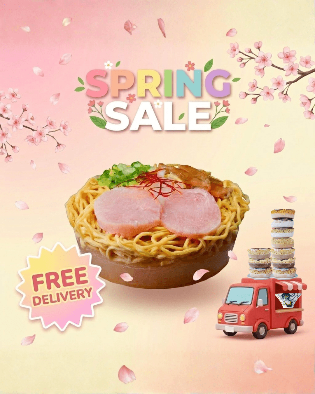 Spring Sale 2026 online orders with delicious ramen and free delivery promotional graphic.