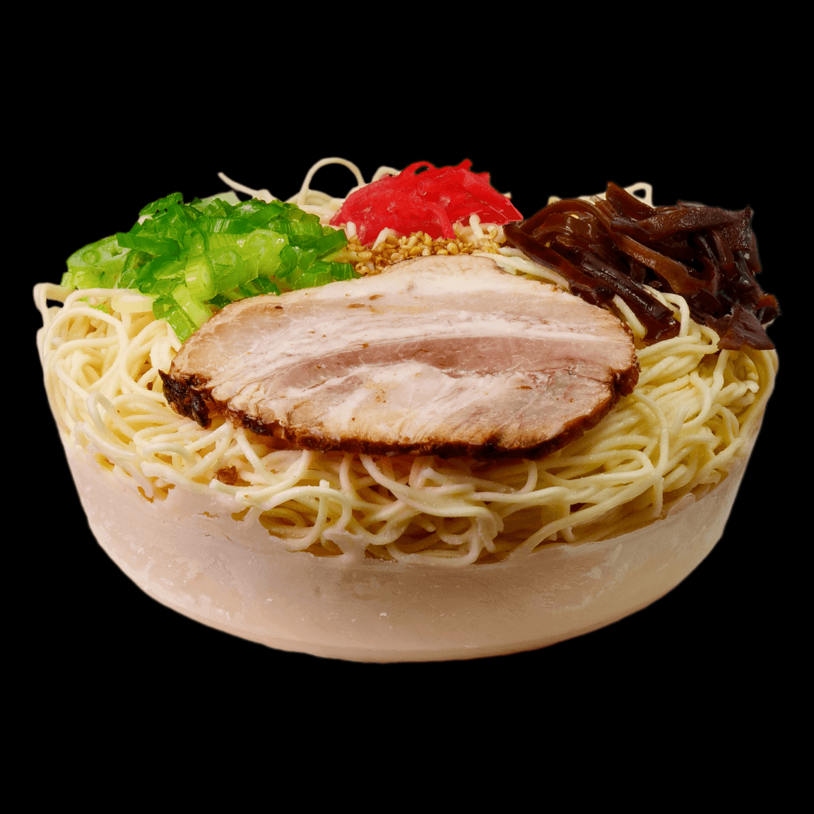 Frozen Tonkotsu Ramen with pork slice, green onions, and vegetables ready to heat up for a restaurant-quality meal at home.