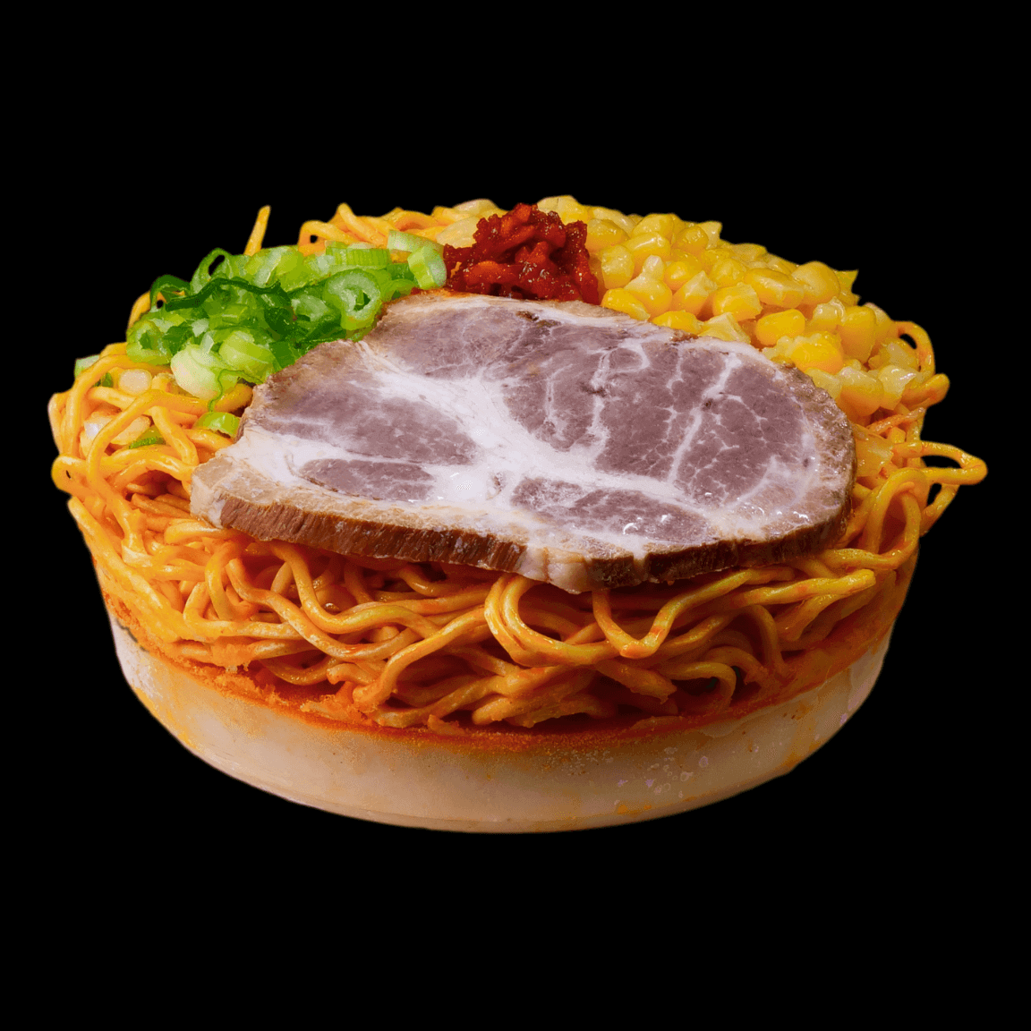 Frozen Spicy Tonkotsu Ramen with pork slice, corn, green onions, and spicy sauce ready to heat up for a restaurant-quality meal at home.